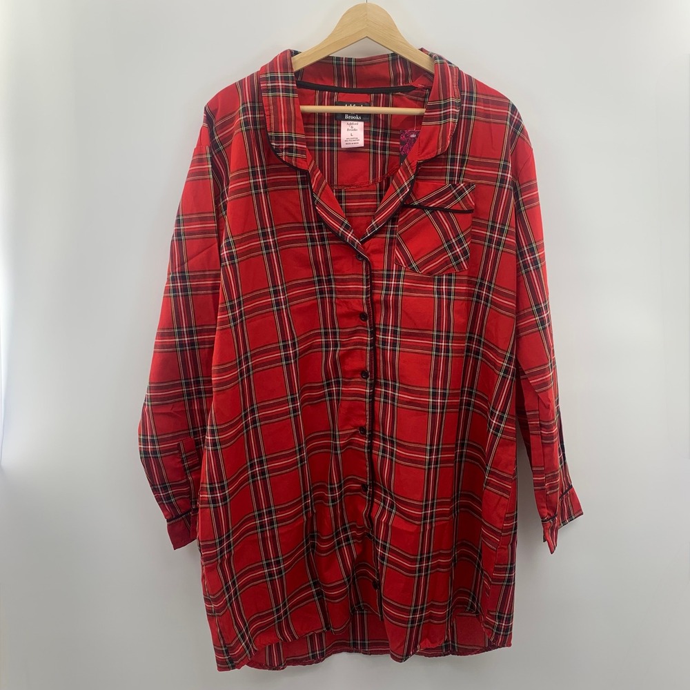 Ashford & Brooks Womens Sleep Shirt Plaid Nightshirt Button Down Red Black L